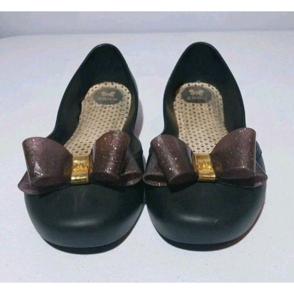 Zaxy Jelly Ballet Flats Womens 9 Black Sparkle Bow Slip On Shoes